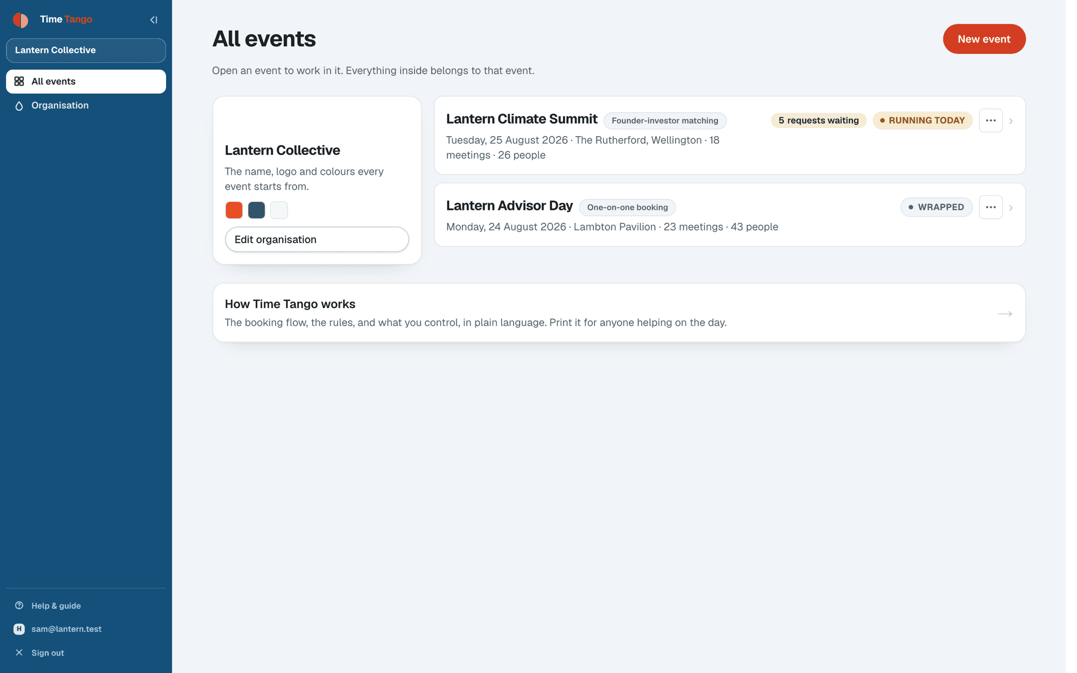 All your events in the Time Tango admin