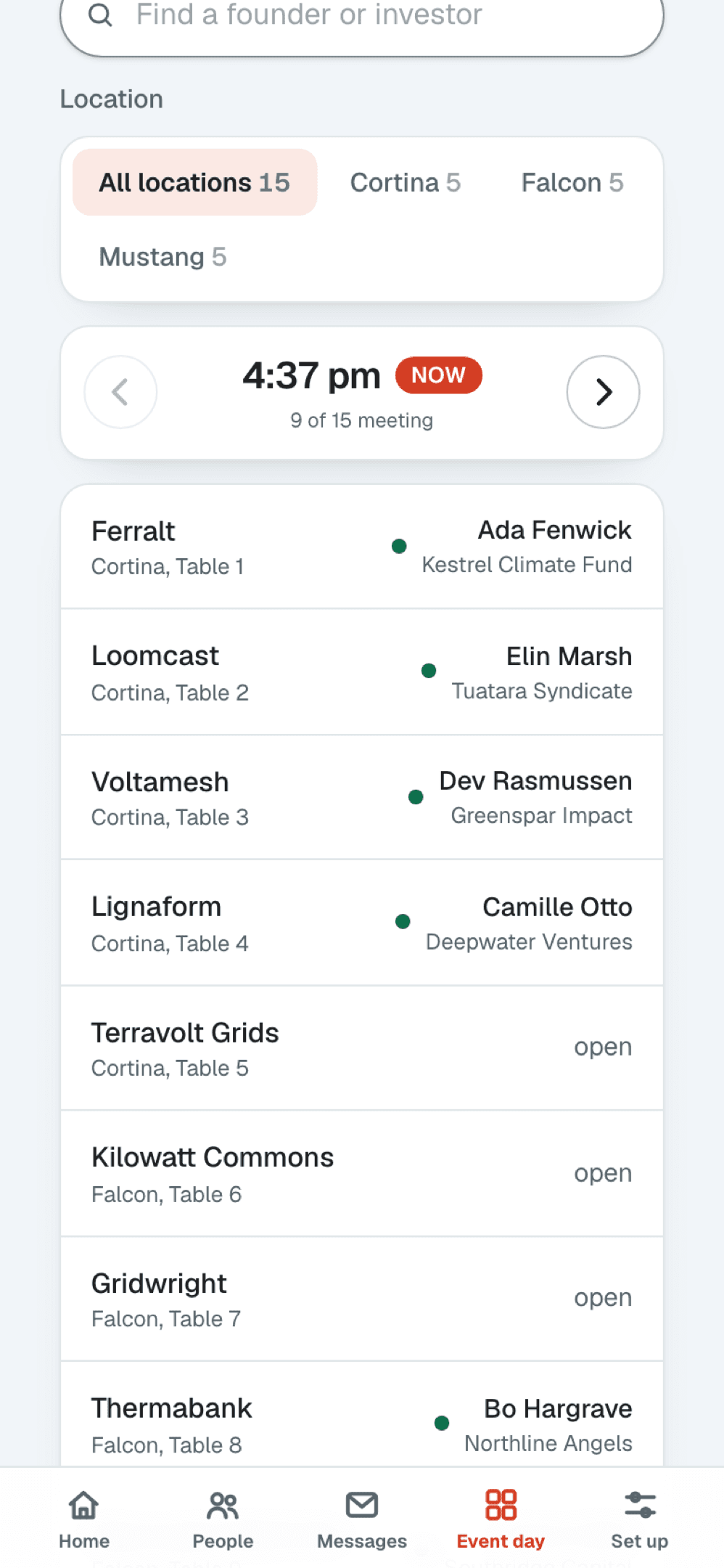 The event day board on a phone: every table listed with who they are meeting in the current slot