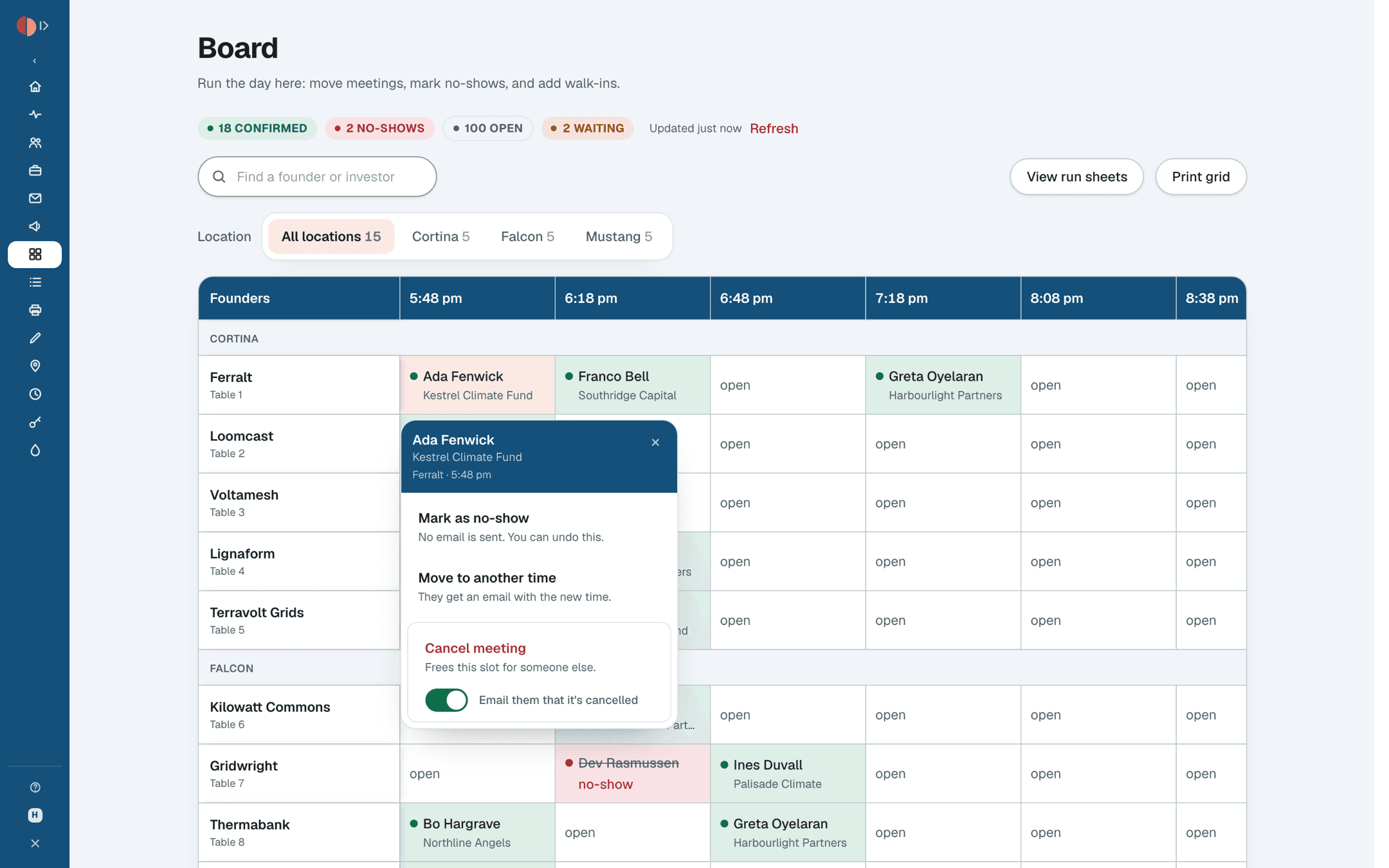 The live board: teams down the side, time slots across the top, confirmed meetings in green and one marked no-show. One meeting is open, showing its options: mark as no-show, move to another time, or cancel and email them