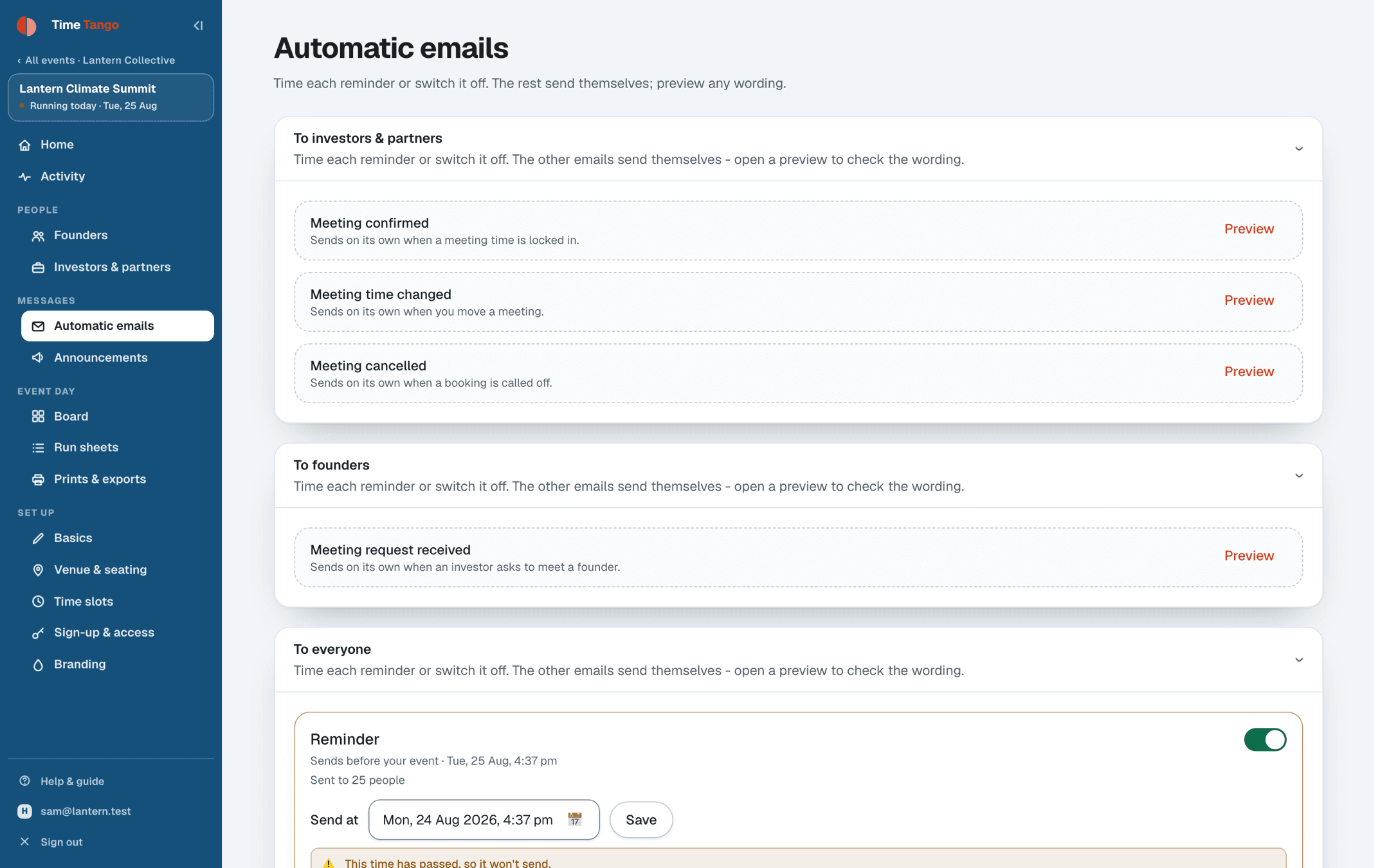The automatic emails screen: each message listed with when it sends and a switch to turn it on or off