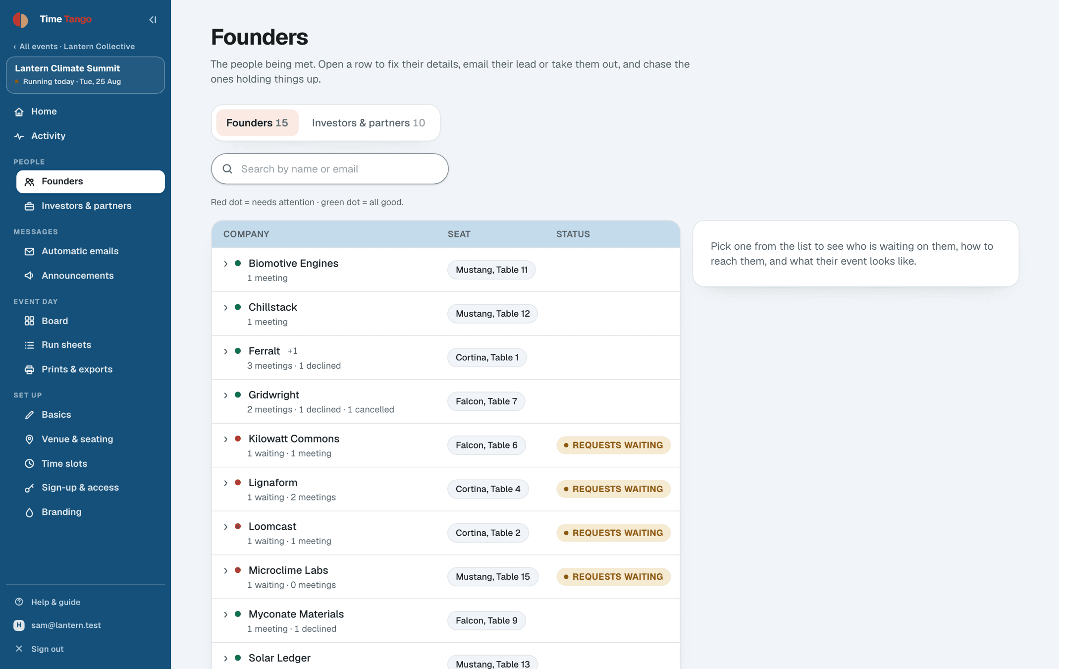 The people screen: every team listed with their contact, how many meetings they have and how many requests are waiting