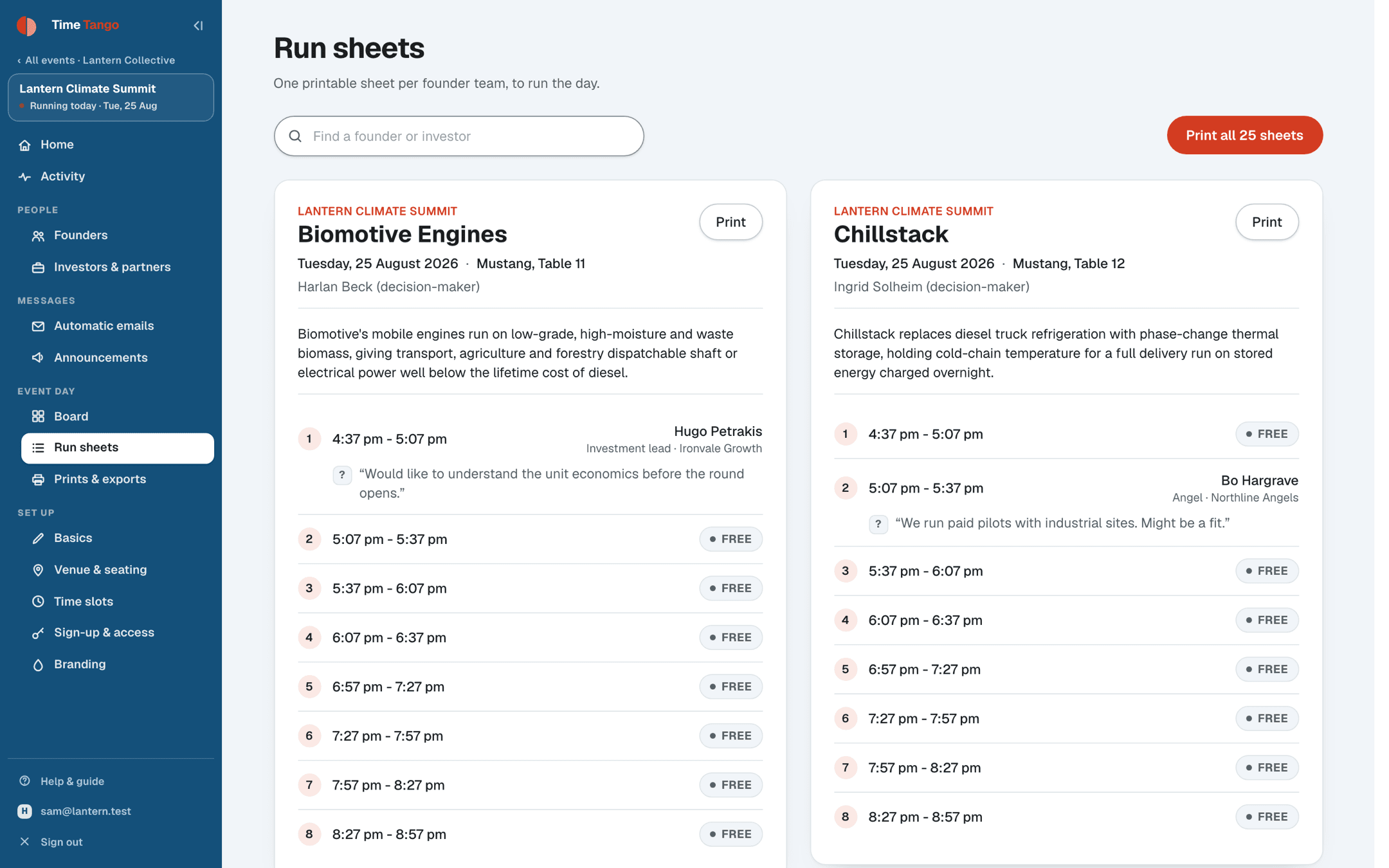 Run sheets: one printable sheet per team, listing each slot, who they are meeting and what that person wants to talk about