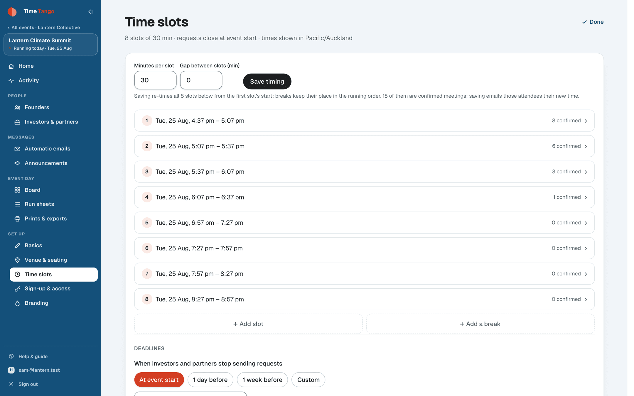 The time slots screen: eight 30-minute slots listed with how many meetings are confirmed in each, plus controls for slot length and breaks