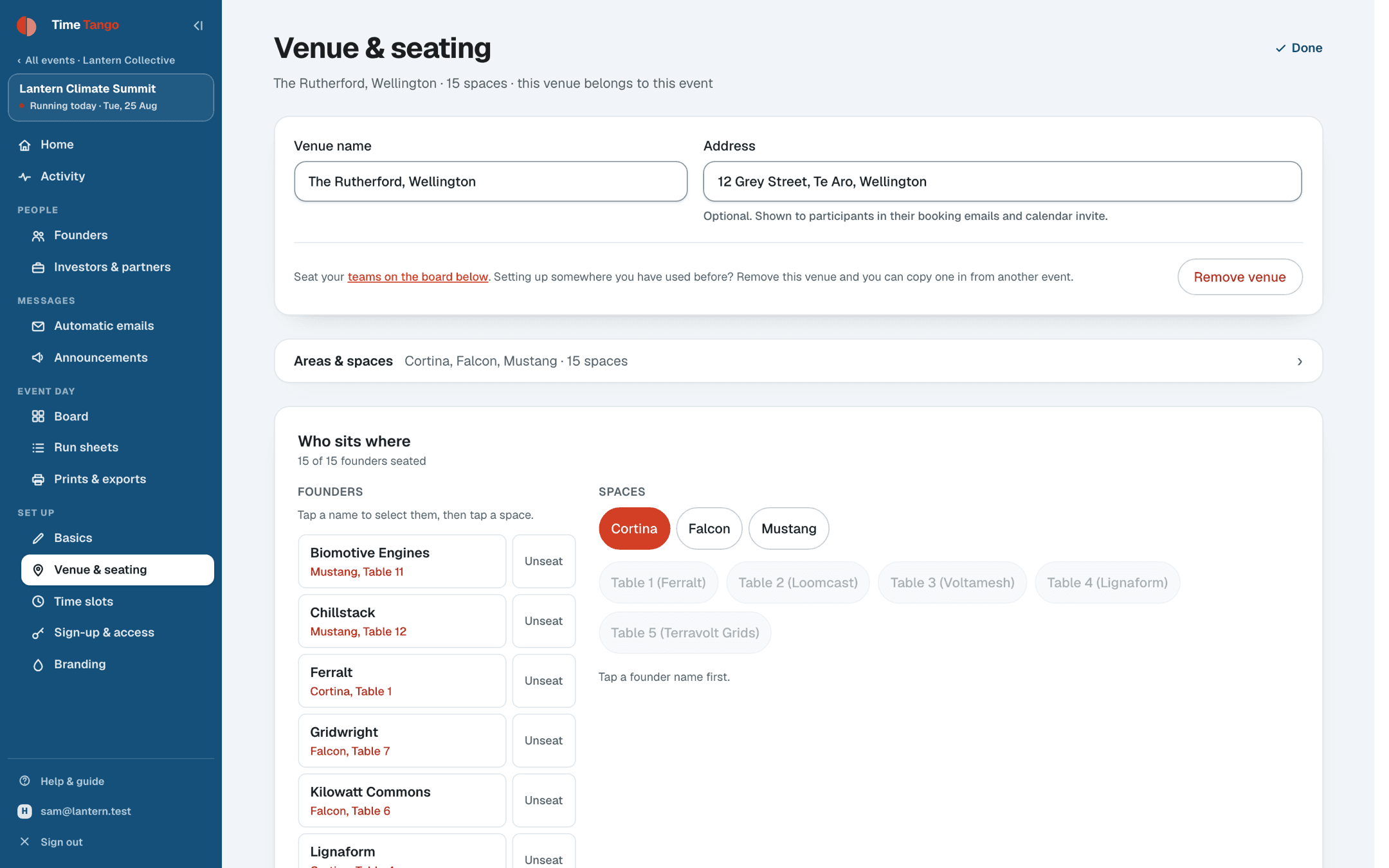 Rooms and tables in the Time Tango admin