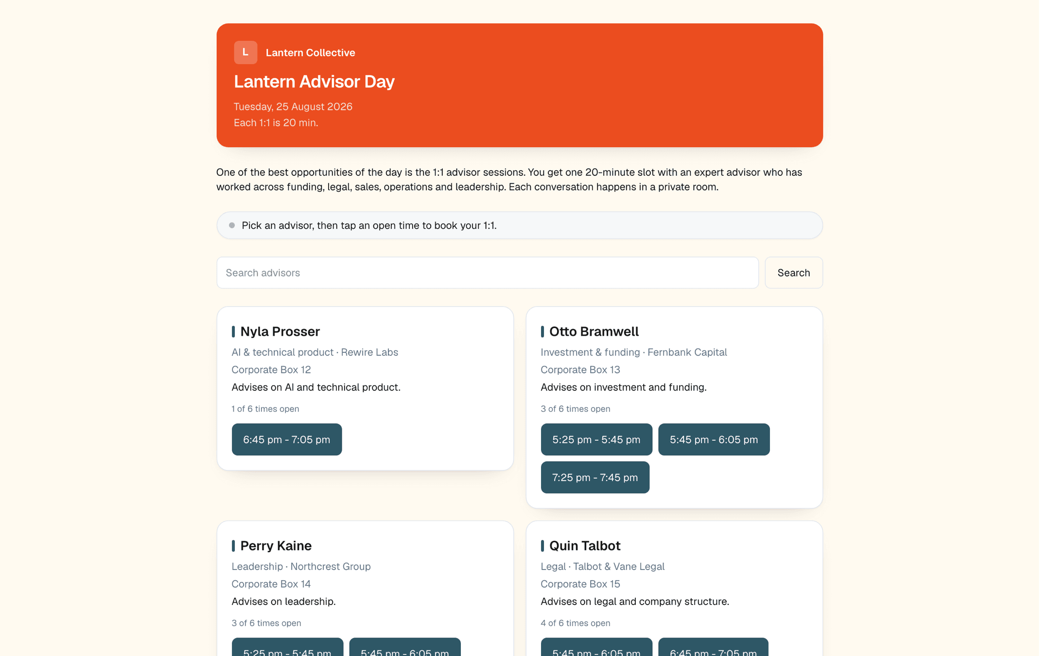 A booking page in the organiser's own brand colours, listing advisors with their open times as tappable buttons